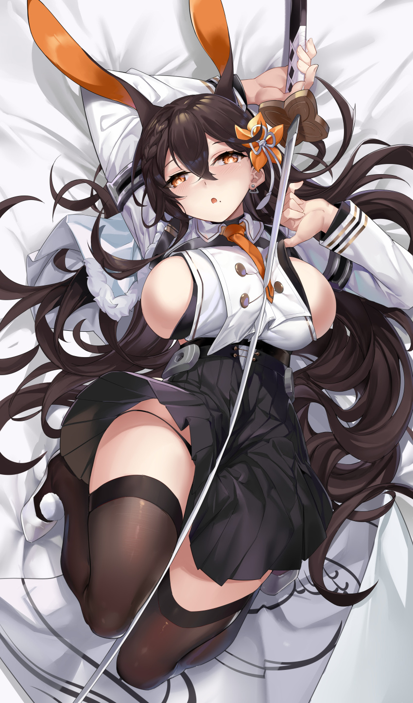 1girl 463_jun absurdres animal_ears arm_up azur_lane bangs black_legwear black_panties black_skirt braid breasts brown_hair chikuma_(azur_lane) earrings hair_between_eyes hair_ornament highres holding holding_sword holding_weapon jewelry katana large_breasts long_hair long_sleeves looking_at_viewer lying mole mole_under_mouth necktie on_back open_mouth orange_eyes orange_neckwear panties panty_straps pleated_skirt rabbit_ears sideboob sidelocks single_braid skirt solo sword thigh-highs underwear weapon zettai_ryouiki