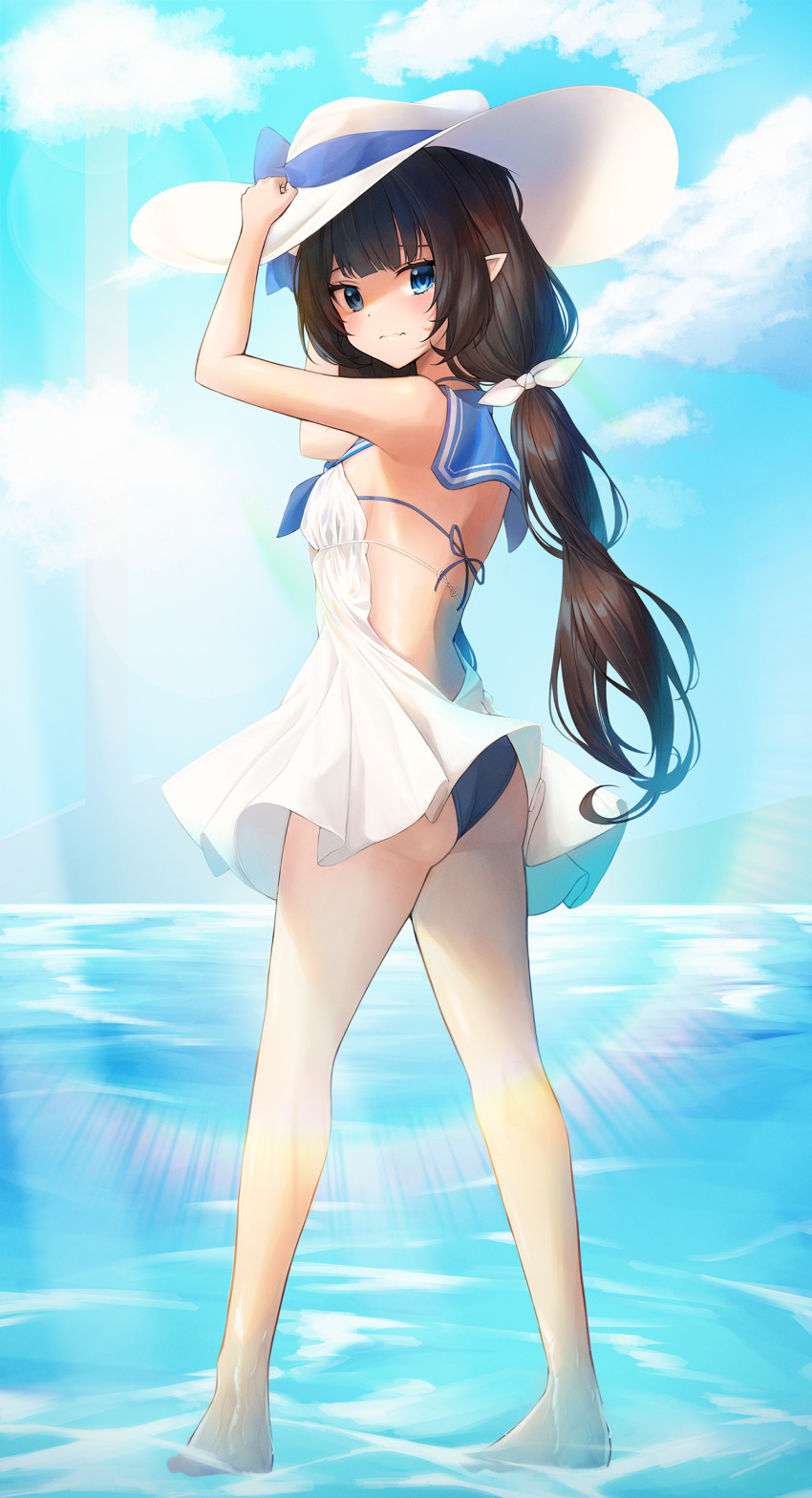 1girl absurdres arm_up ass backless_dress backless_outfit barefoot black_panties blue_eyes blue_ribbon blue_sailor_collar blue_sky brown_hair closed_mouth clouds dress facial_mark full_body hat hat_ribbon highres long_hair looking_at_viewer ocean original panties pointy_ears ribbon sailor_collar shiny shiny_hair short_dress sky sleeveless sleeveless_dress solo sora_(men0105) standing sun_hat underwear very_long_hair white_dress white_headwear