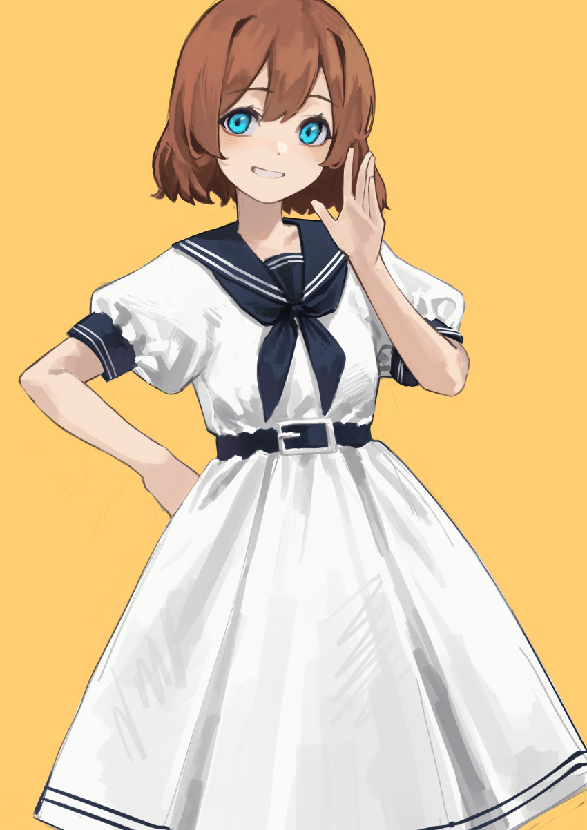 1girl absurdres arm_up belt blue_belt blue_eyes blue_neckwear blue_sailor_collar brown_hair dress feet_out_of_frame hair_between_eyes hand_on_hip hand_up highres looking_at_viewer neckerchief orange_background original sailor_collar short_hair short_sleeves simple_background smile solo teeth white_dress yoon_cook