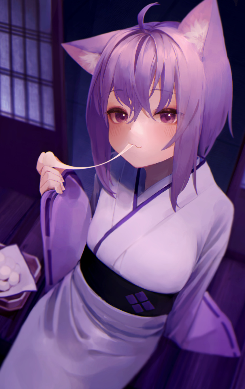 1girl absurdres ahoge animal_ear_fluff animal_ears bangs blush breasts cat_ears cat_girl commentary_request eating eyebrows_visible_through_hair food food_in_mouth hair_between_eyes hand_up highres holding holding_food hololive indoors japanese_clothes kimono long_sleeves looking_at_viewer medium_hair nanome_to nekomata_okayu obi purple_hair ribbon-trimmed_sleeves ribbon_trim sash sidelocks sleeves_past_wrists solo violet_eyes virtual_youtuber white_kimono wide_hips