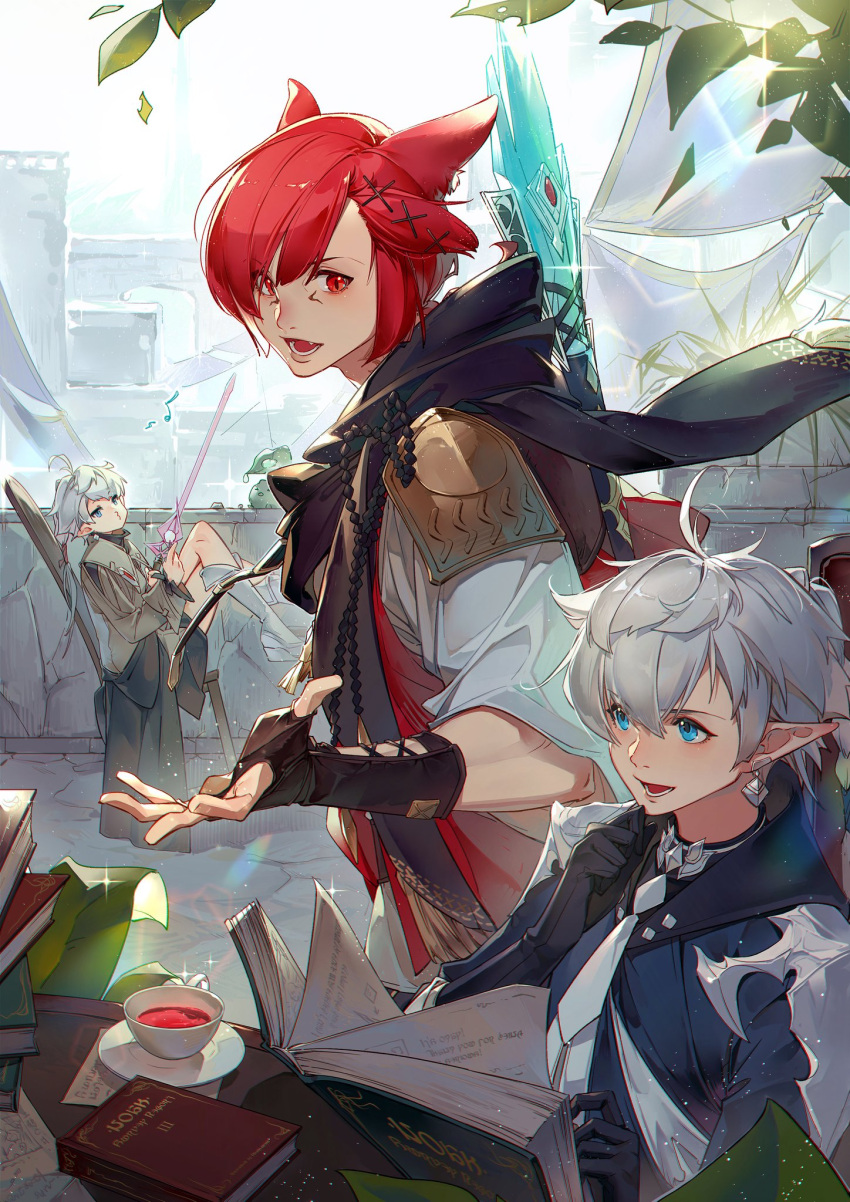 1girl 2boys ahoge alisaie_leveilleur alphinaud_leveilleur animal_ears armor bangs beige_coat black_coat black_gloves blue_coat blue_eyes book book_stack boots bow_(weapon) cat_boy cat_ears chair coat crow0cc cup earrings elezen elf facial_tattoo fang final_fantasy final_fantasy_xiv g'raha_tia gloves hair_ornament hand_on_own_chin highres holding holding_sword holding_weapon humming jewelry knee_boots leaf male_focus miqo'te multiple_boys musical_note open_book open_mouth outstretched_hand pointy_ears quiver red_eyes redhead shirt short_hair shoulder_armor sitting slit_pupils sparkle stone sword table tattoo vambraces weapon white_footwear white_hair white_shirt x_hair_ornament