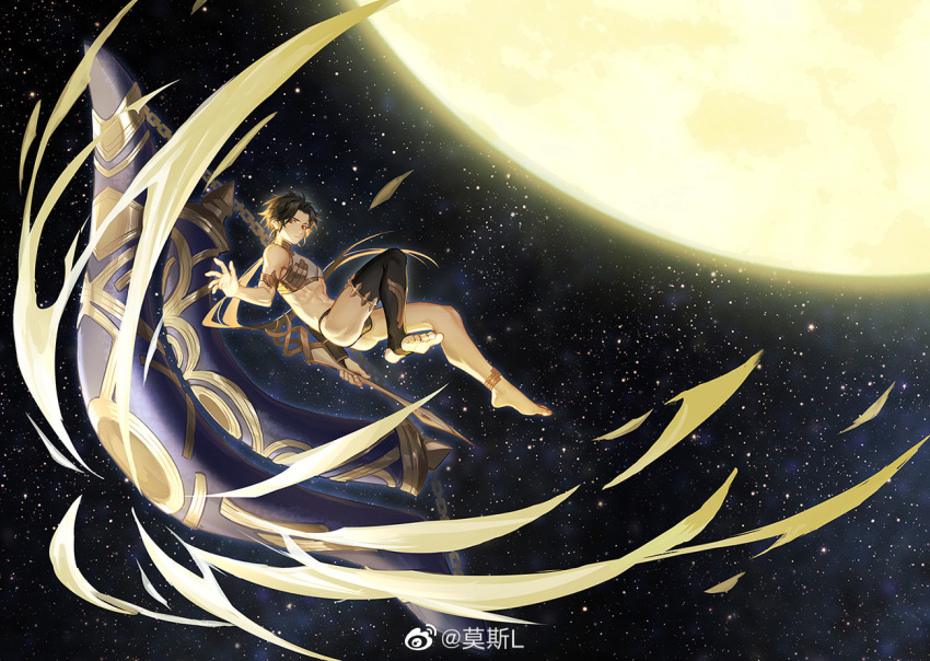 1boy abs armlet black_hair closed_mouth earrings fate/grand_order fate_(series) full_body genderswap genderswap_(ftm) heavenly_boat_maanna holding holding_weapon hoop_earrings ishtar_(fate) ishtar_(fate)_(all) jewelry legs long_hair looking_at_viewer male_focus mosi_l navel ponytail red_eyes single_sleeve single_thighhigh solo thigh-highs tied_hair toned toned_male weapon