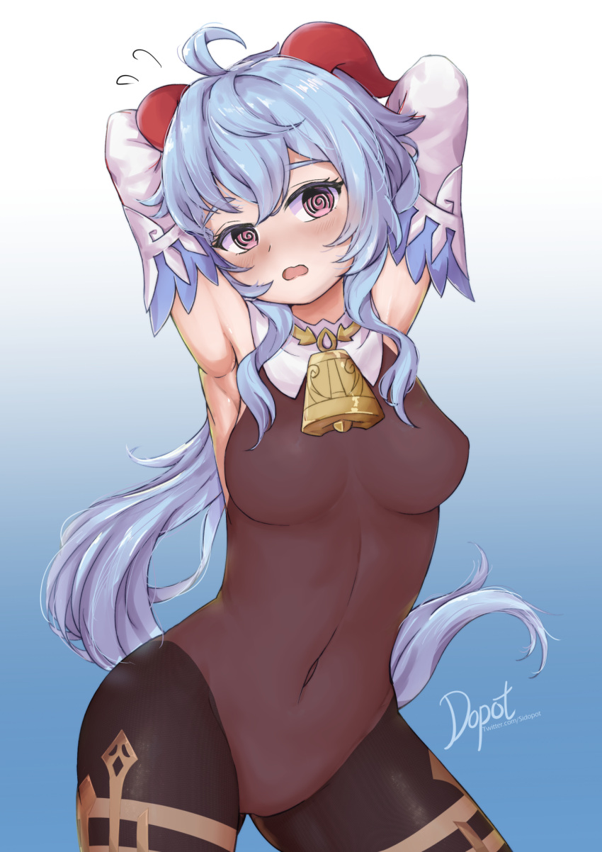 @_@ adopot ahoge arm_behind_head armpits arms_up bangs bell black_legwear blue_hair blush breasts brown_leotard covered_navel detached_sleeves embarrassed ganyu_(genshin_impact) genshin_impact gold_trim highres horns leotard leotard_under_clothes long_hair looking_at_viewer medium_breasts neck_bell nose_blush open_mouth sidelocks sweatdrop thighlet violet_eyes wavy_mouth white_sleeves