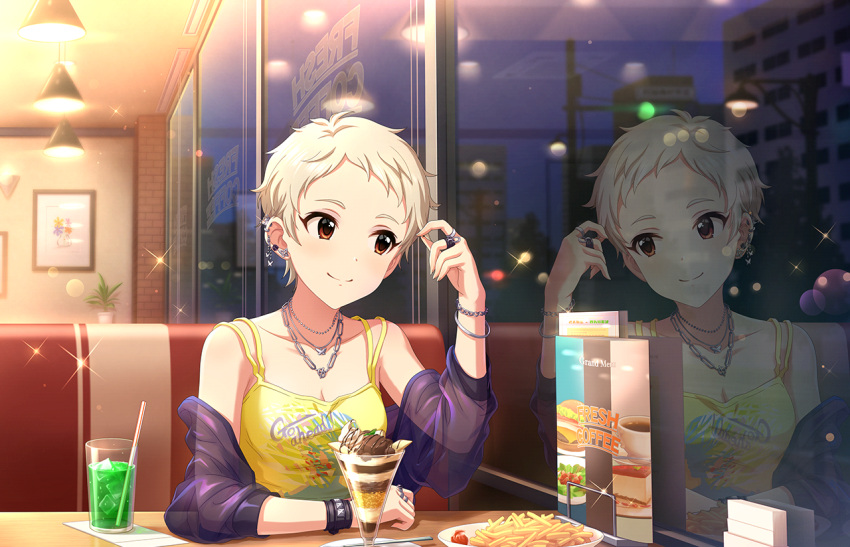 blush brown_eyes grey_hair idolmaster_cinderella_girls_starlight_stage senzaki_ema shirt short_hair