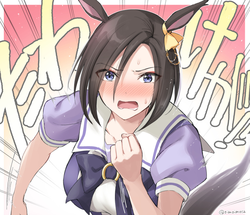 1girl air_groove_(umamusume) animal_ears background_text bangs black_bow black_hair blue_eyes blush bow breasts clenched_hand collarbone eyebrows_visible_through_hair hair_between_eyes hand_up horse_ears horse_girl horse_tail medium_breasts nose_blush oimo open_mouth parted_bangs puffy_short_sleeves puffy_sleeves purple_shirt school_uniform shirt short_hair short_sleeves solo sweat tail tracen_school_uniform translation_request twitter_username umamusume upper_body wavy_mouth