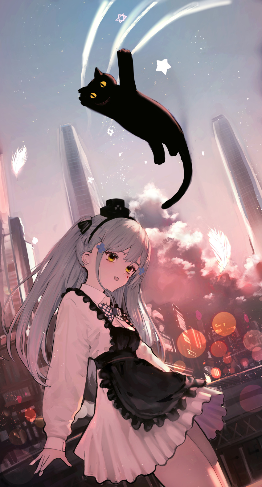 1girl :o absurdres ah_(pixiv62888100) apron bangs black_apron black_headwear bow bowtie cat city crossed_bangs dress eyebrows_visible_through_hair feet_out_of_frame flying girls_frontline hat highres hk416_(girls'_frontline) light_blue_hair long_hair mini_hat open_mouth scenery solo standing teardrop teardrop_facial_mark teardrop_tattoo white_dress yellow_eyes