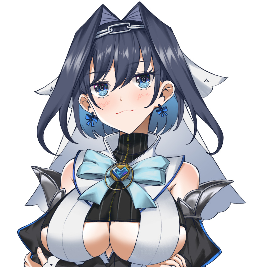 1girl =3 blue_eyes blue_hair bow bow_earrings breasts cleavage_cutout clothing_cutout crossed_arms detached_sleeves earrings hair_intakes hair_ribbon heart-shaped_gem highres hololive hololive_english jewelry large_breasts multicolored multicolored_eyes ouro_kronii persocon93 ribbon ribbon_earrings simple_background solo under_boob underboob_cutout upper_body virtual_youtuber white_background zipper zipper_pull_tab