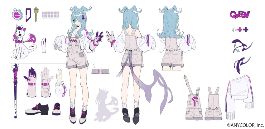 +_+ 1girl blue_hair character_sheet closed_mouth club_(weapon) creature cross_hair_ornament dragon dragon_girl elira_pendora english_commentary full_body gloves green_eyes grey_overalls hair_ornament hair_over_one_eye head_wings holding holding_weapon kamameshi_gougoumaru long_hair long_sleeves looking_at_viewer low_wings mole multicolored_hair multiple_views nijisanji nijisanji_en off_shoulder official_art one_eye_covered overalls oversized_forearms oversized_limbs pikl_(elira_pendora) shoes simple_background sleeves_past_fingers sleeves_past_wrists smile socks spiked_club standing symbol-shaped_pupils virtual_youtuber weapon white_background white_legwear wings