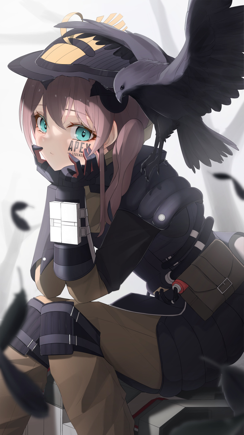 1girl absurdres arm_guards bangs belt bird black_headwear bloodhound_(apex_legends) bloodhound_(apex_legends)_(cosplay) blue_eyes brown_hair copyright_name cosplay crow feathers hair_between_eyes hands_on_own_cheeks hands_on_own_face highres hololive huge_filesize knee_pads looking_at_viewer looking_to_the_side medium_hair natsuiro_matsuri shoulder_pads side_ponytail sitting solo thomas_8000 utility_belt virtual_youtuber