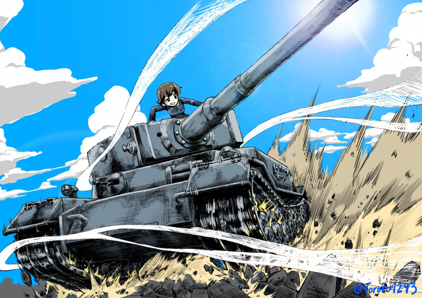 1girl action bangs blue_jacket blue_sky brown_hair clouds cloudy_sky commentary_request day girls_und_panzer grin ground_vehicle highres jacket long_sleeves military military_uniform military_vehicle motion_blur motor_vehicle nakajima_(girls_und_panzer) ooarai_military_uniform outdoors short_hair sky smile solo sun tank tiger_(p) twitter_username uniform yamakake_(tororo1293)
