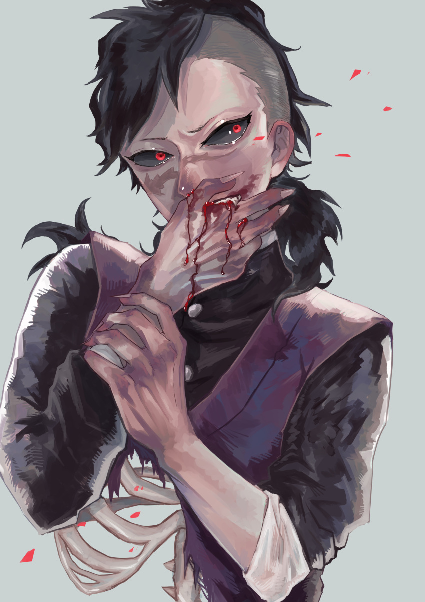 1boy absurdres black_hair black_sclera blood blood_on_face blood_on_hands colored_sclera covering_mouth fingernails hand_on_own_arm highres kimetsu_no_yaiba mohawk po_o_o_u_o_oq purple_vest red_eyes ribs scar scar_on_cheek scar_on_face scar_on_nose sharp_fingernails sharp_teeth shinazugawa_genya simple_background solo teeth vest