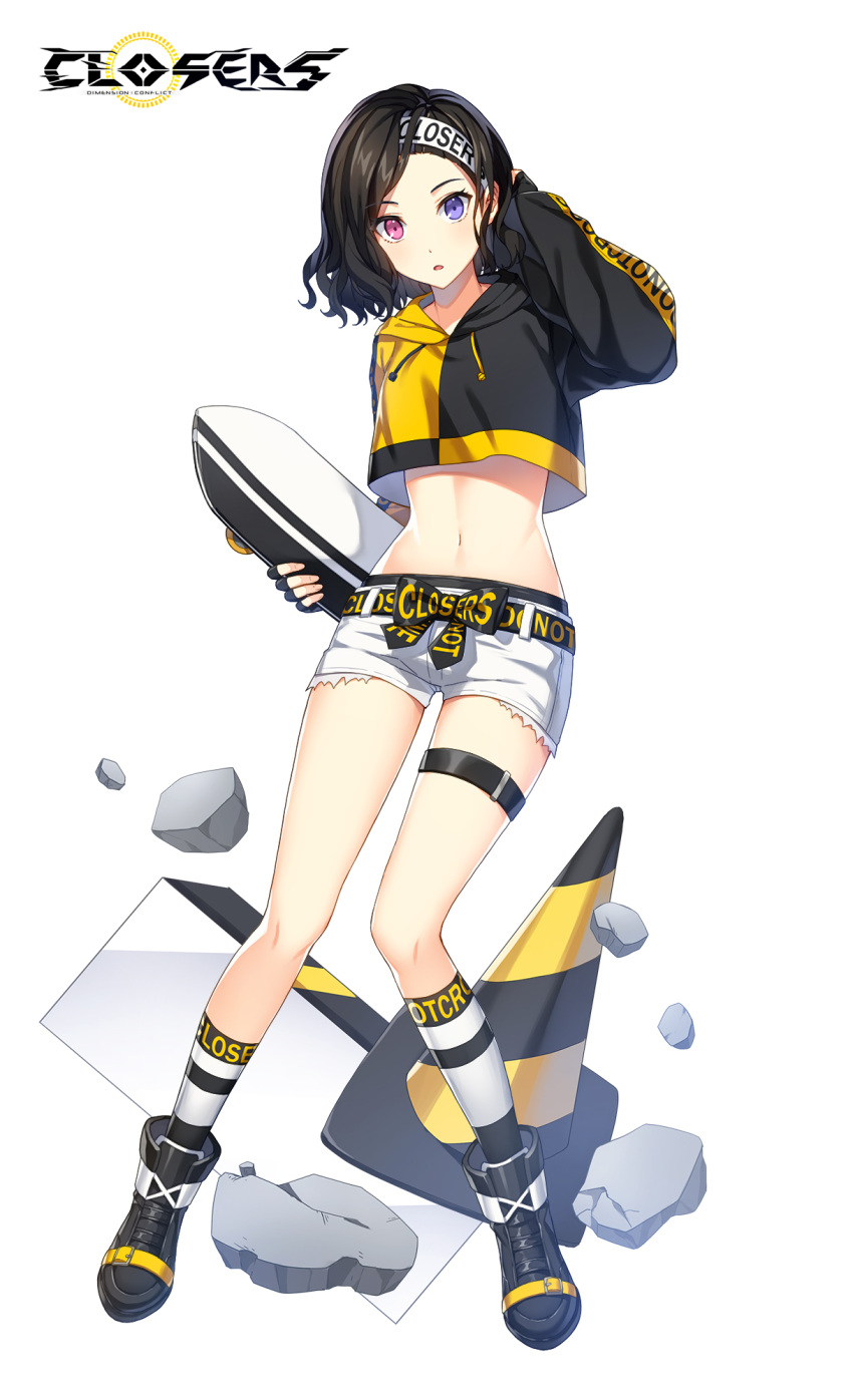 1girl :o arm_up bai_winchester belt black_footwear black_hair boots closers crop_top crop_top_overhang cutoffs drawstring fingerless_gloves gloves hairband heterochromia highres holding hood hood_down long_sleeves looking_at_viewer midriff navel official_art parted_lips pink_eyes rock shirt short_hair short_shorts shorts skateboard socks solo stomach thigh_strap thighs traffic_cone two-tone_shirt violet_eyes white_shorts