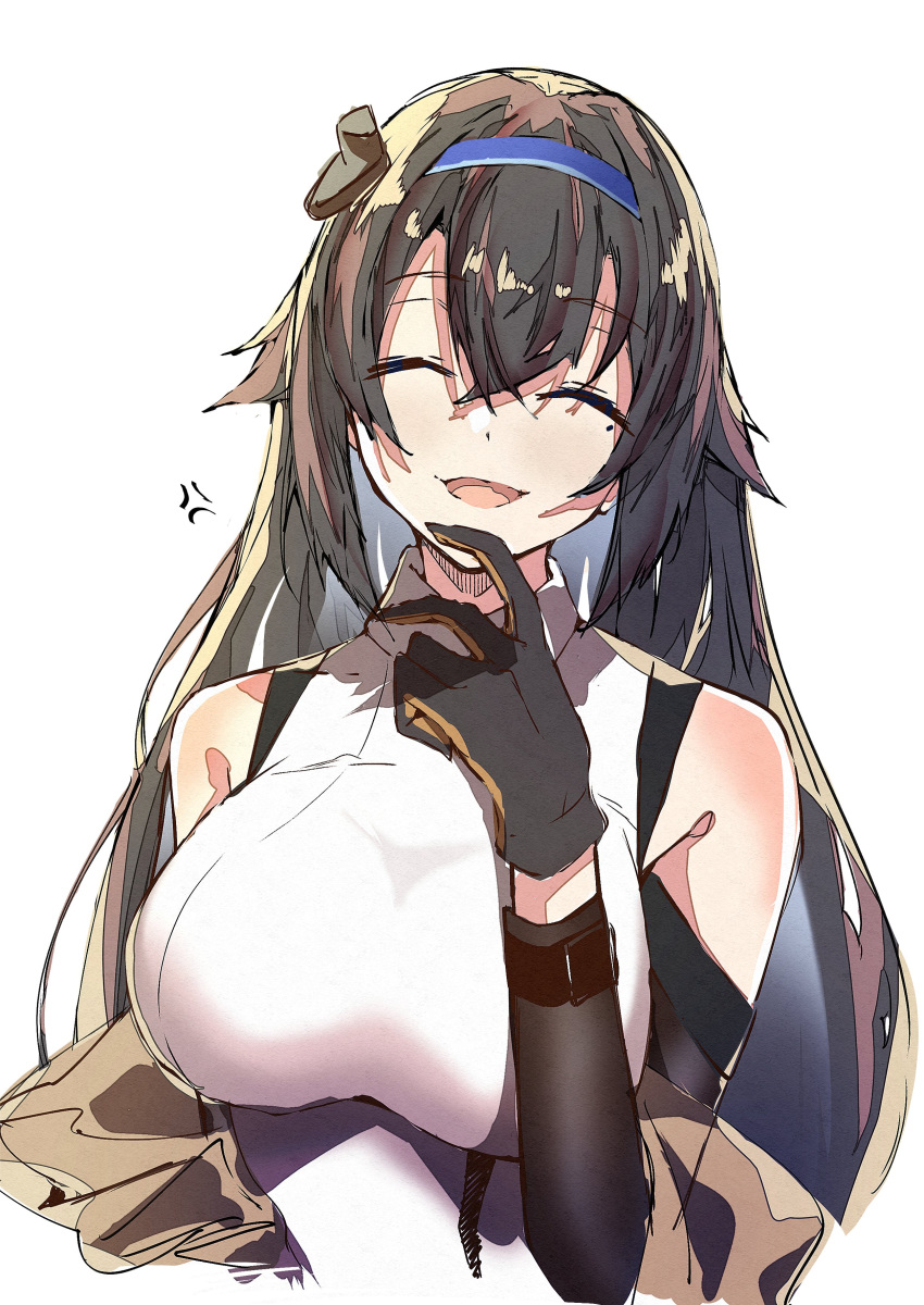1girl absurdres anger_vein arm_warmers bangs bare_shoulders breasts closed_eyes e_sky_rugo finger_to_own_chin girls_frontline gloves hair_flaps highres large_breasts long_hair mole mole_under_eye open_mouth revision sidelocks sleeveless smile solo super_sass_(girls'_frontline) very_long_hair