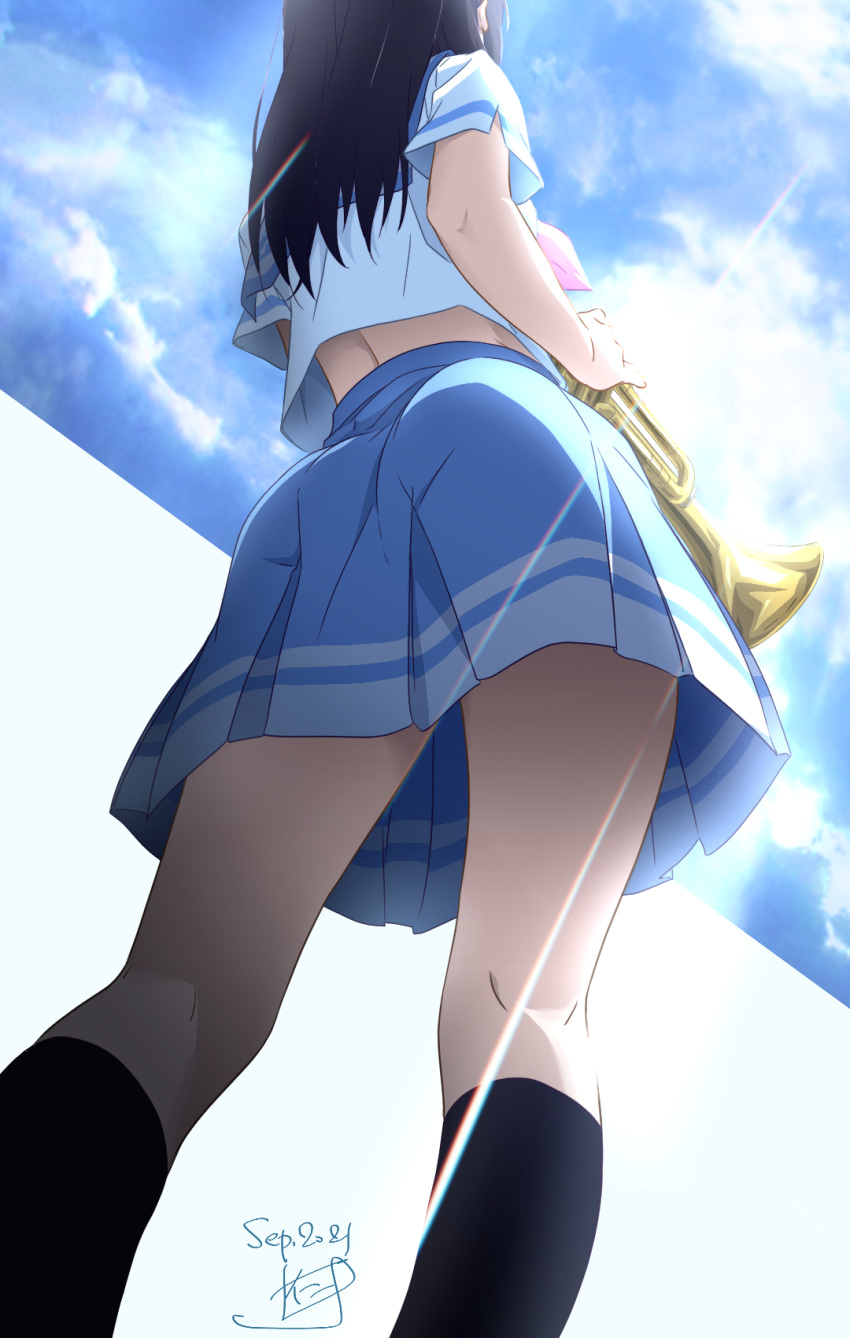 1girl ass black_hair blue_shirt blue_skirt blue_sky clouds commentary dated facing_away from_behind from_below hibike!_euphonium highres holding holding_instrument instrument kitauji_high_school_uniform kousaka_reina legs long_hair nii_manabu school_uniform shirt short_sleeves signature skirt sky solo sunlight trumpet two-tone_shirt white_shirt