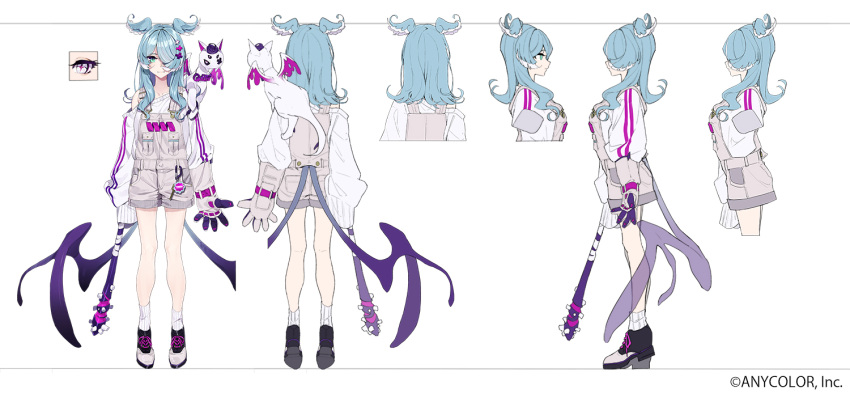 +_+ 1girl blue_hair character_sheet closed_mouth club_(weapon) creature cross_hair_ornament dragon dragon_girl elira_pendora english_commentary full_body gloves green_eyes grey_overalls hair_ornament hair_over_one_eye head_wings holding holding_weapon kamameshi_gougoumaru long_hair long_sleeves looking_at_viewer low_wings mole multicolored_hair multiple_views nijisanji nijisanji_en off_shoulder official_art one_eye_covered overalls oversized_forearms oversized_limbs pikl_(elira_pendora) shoes simple_background sleeves_past_fingers sleeves_past_wrists smile socks spiked_club standing symbol-shaped_pupils violet_eyes virtual_youtuber weapon white_background white_legwear wings