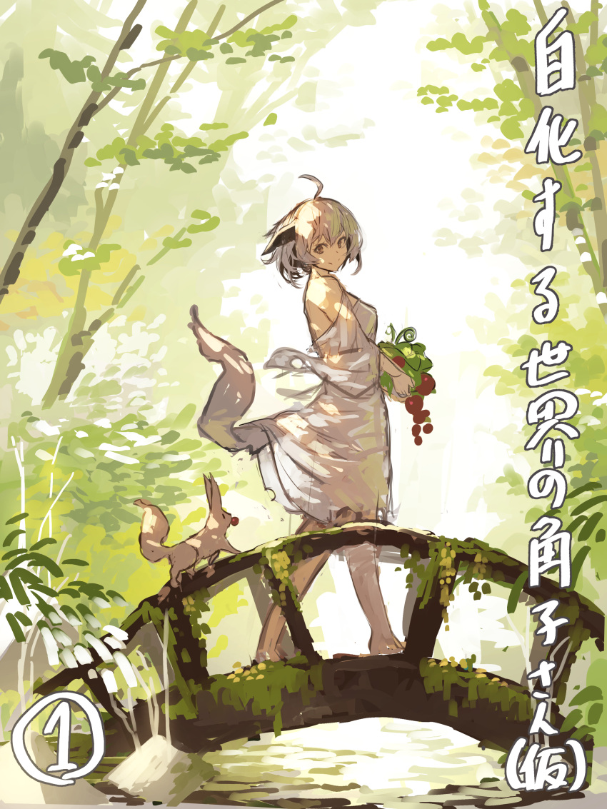 1girl absurdres ahoge animal bare_shoulders barefoot bridge brown_eyes closed_mouth commentary_request dress fox grey_hair highres holding horns long_sleeves looking_at_viewer looking_to_the_side off-shoulder_dress off_shoulder original plant river smile solo tail tail_raised translation_request tree walking water white_dress wide_sleeves yuuji_(yukimimi)