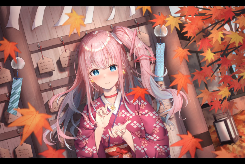 1girl artist_request bangs blue_eyes blush cherry_blossom_print choker commentary_request ema eyebrows_visible_through_hair fingernails floral_print highres japanese_clothes kimono leaf looking_at_viewer maple_leaf nail_polish obi one_side_up outdoors pink_hair pink_nails propro_production red_choker red_kimono sash solo virtual_youtuber yumesaki_mia