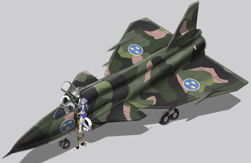 1girl aircraft airplane blue_eyes blue_hair blue_skirt boots breasts fighter_jet gotland_(kancolle) high_heel_boots high_heels highres jet kantai_collection large_breasts long_hair military military_vehicle miniskirt official_alternate_costume pencil_skirt racequeen redundant-cat roundel saab_viggen sheep shrug_(clothing) skirt solo sweden thigh-highs thigh_boots white_footwear