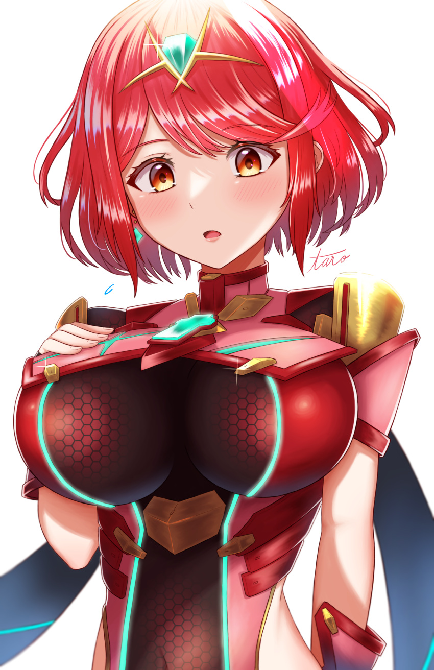 1girl absurdres bangs black_gloves breasts chest_jewel earrings fingerless_gloves gloves highres jewelry large_breasts pyra_(xenoblade) red_eyes red_shorts redhead short_hair short_shorts shorts solo swept_bangs taro_(peach_taro51) tiara xenoblade_chronicles_(series) xenoblade_chronicles_2