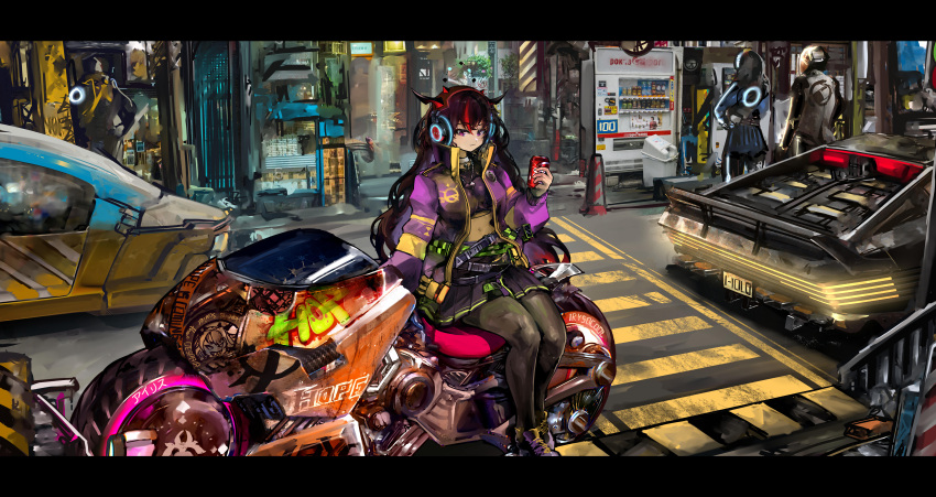 2boys 2girls absurdres alternate_costume alternate_universe belt black_skirt blue_belt blue_skirt breasts car cyberpunk ground_vehicle headphones helmet highres holding holding_phone hololive hololive_english horns irys_(hololive) jacket looking_down looking_to_the_side medium_breasts midriff motor_vehicle motorcycle multiple_boys multiple_girls multiple_horns navel phone purple_jacket science_fiction sitting skirt solo_focus tail_lights thick_thighs thighs vending_machine violet_eyes virtual_youtuber vyragami