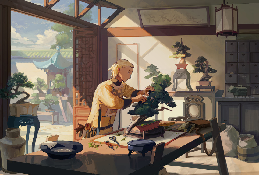 1boy architecture belt blonde_hair bonsai book bucket chinese_clothes day east_asian_architecture file_cabinet gloves gloves_removed highres noasa original plant potted_plant sack scenery scissors shears solo standing table utility_belt vase
