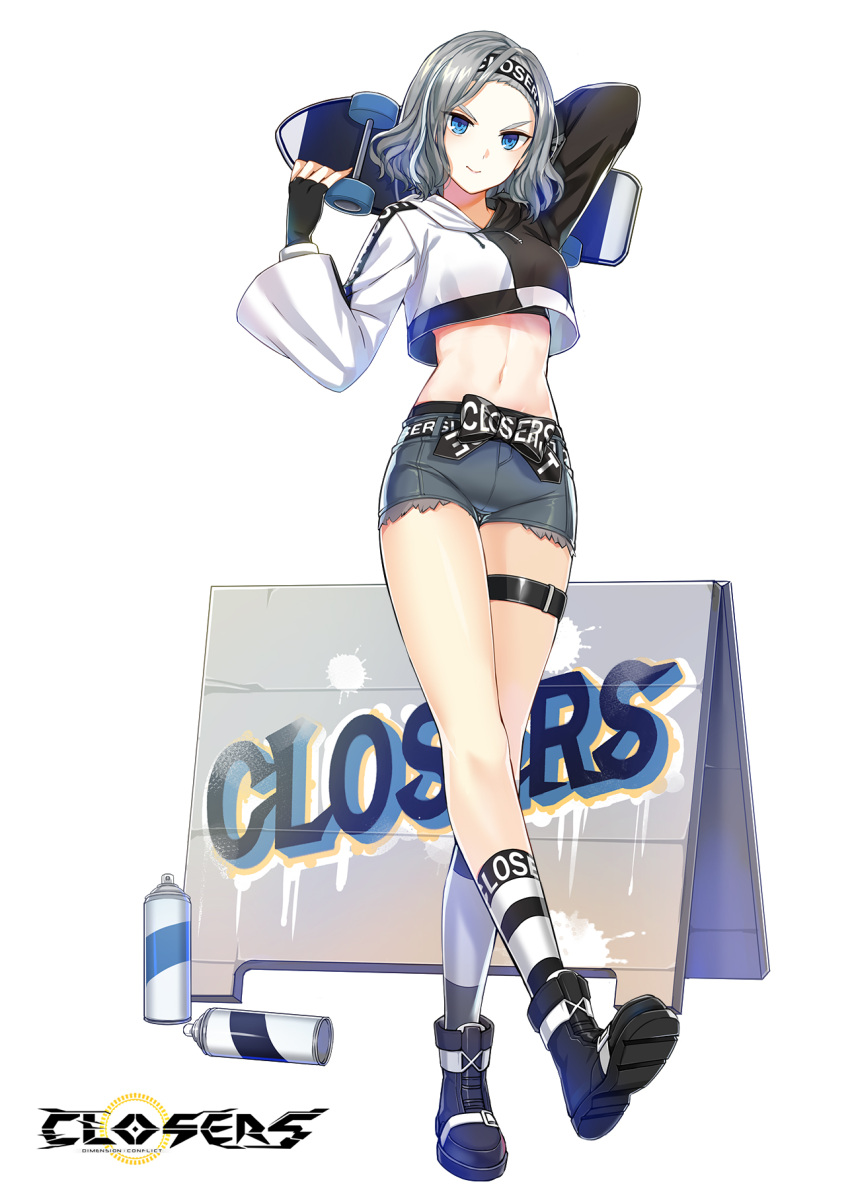 1girl arm_up belt black_footwear black_gloves blue_eyes boots breasts closers copyright_name crop_top crop_top_overhang cutoffs drawstring fingerless_gloves gloves grey_hair grey_shorts hairband hand_up highres holding long_sleeves looking_at_viewer medium_breasts midriff navel official_art shirt short_hair short_shorts shorts sign skateboard smile socks solo spray_can stomach thigh_strap thighs two-tone_shirt undershirt v-shaped_eyebrows violet_(closers)