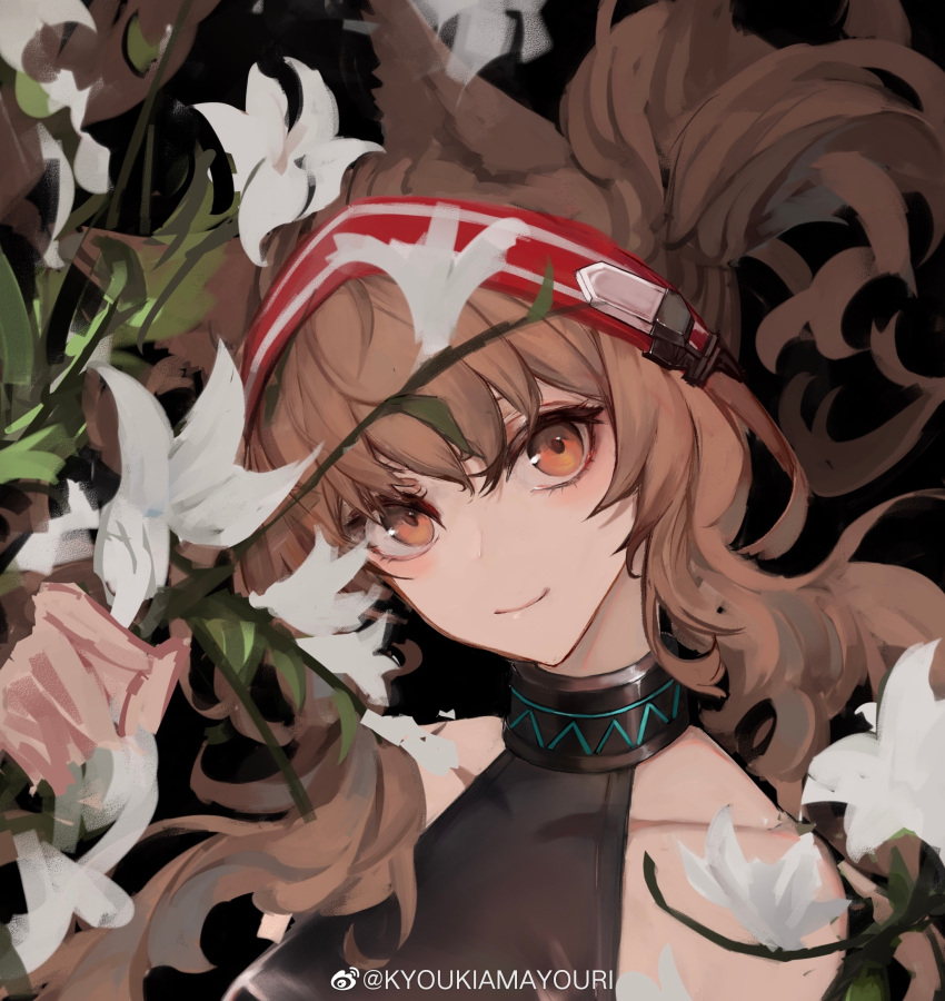 1girl amayouri angelina_(arknights) angelina_(distinguished_visitor)_(arknights) animal_ears arknights black_collar black_shirt brown_eyes brown_hair chinese_commentary collar collarbone commentary_request flower fox_ears hairband hand_up highres holding holding_flower infection_monitor_(arknights) long_hair looking_at_viewer official_alternate_costume portrait red_hairband shirt smile solo twintails weibo_username white_flower