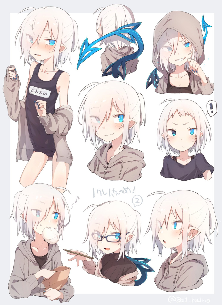 ! 1girl :d ahoge bag bare_shoulders black-framed_eyewear black_swimsuit blue_eyes blue_nails blush closed_mouth dumpling fingernails flat_chest food glasses grey_hoodie grin hair_over_one_eye heterochromia higashi_shino highres holding holding_bag holding_pencil hood hood_down hood_up hoodie long_sleeves looking_at_viewer medium_hair mouth_hold multiple_views musical_note nail_polish name_tag nowareno_(higashi_shino) off_shoulder one-piece_swimsuit one_eye_covered open_mouth original parted_lips pencil pointy_ears ponytail smile spoken_exclamation_mark spoken_number sweat swimsuit tail white_hair