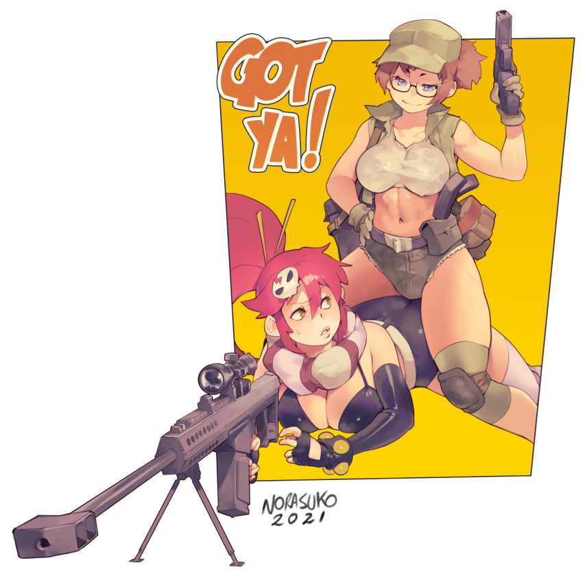 2girls anti-materiel_rifle artist_name bikini black-framed_eyewear black_shorts blue_eyes breasts brown_hair closed_mouth commentary crossover dated english_commentary fio_germi glasses green_headwear grey_shorts gun hair_between_eyes hair_ornament handgun hat highres holding holding_gun holding_weapon large_breasts long_hair looking_at_another lying metal_slug multiple_girls norasuko on_stomach pistol ponytail redhead rifle scarf short_hair shorts simple_background sitting sitting_on_person skull_hair_ornament smile sniper_rifle striped striped_scarf swimsuit tengen_toppa_gurren_lagann thighs two-tone_background weapon white_background yellow_background yellow_eyes yoko_littner