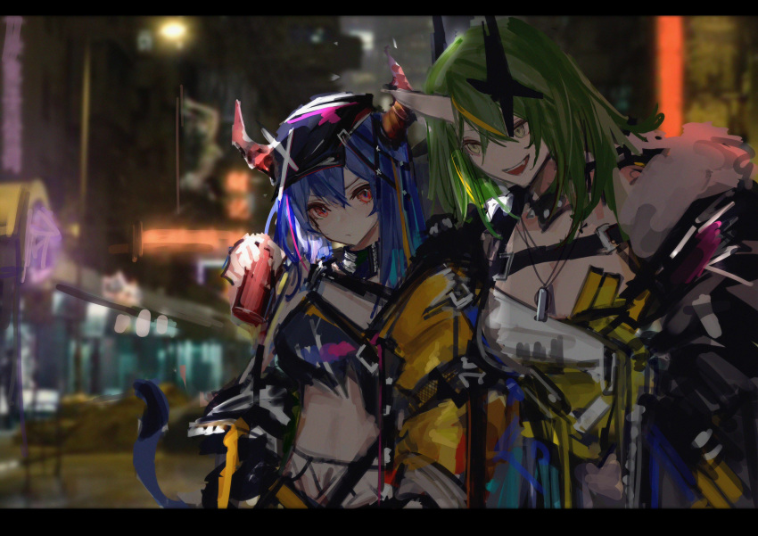 2girls absurdres amayouri arknights arm_around_shoulder black_collar blue_hair blurry can ch'en_(arknights) chinese_commentary collar commentary_request depth_of_field dog_tags dragon_horns green_hair highres holding holding_can horns hoshiguma_(arknights) letterboxed long_hair multiple_girls oni_horns open_mouth single_horn sketch v-shaped_eyebrows