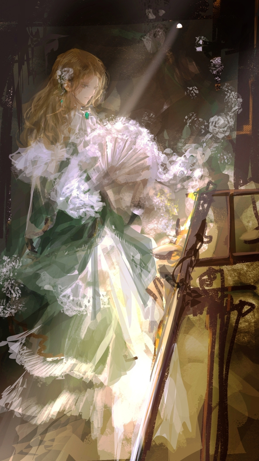 1girl audrey_hall blonde_hair chinese_commentary commentary_request dress earrings emerald_(gemstone) flower green_dress green_eyes guikong560 hand_fan highres jewelry long_dress long_hair long_sleeves lord_of_the_mysteries necklace sunlight tripod vase