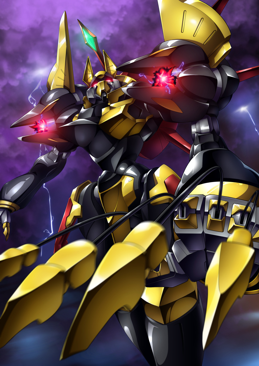 cable claws clouds cloudy_sky code_geass flying gamiani_zero gawain_(code_geass) glowing glowing_eyes head_tilt highres knightmare_frame looking_up mecha no_humans red_eyes science_fiction sky solo