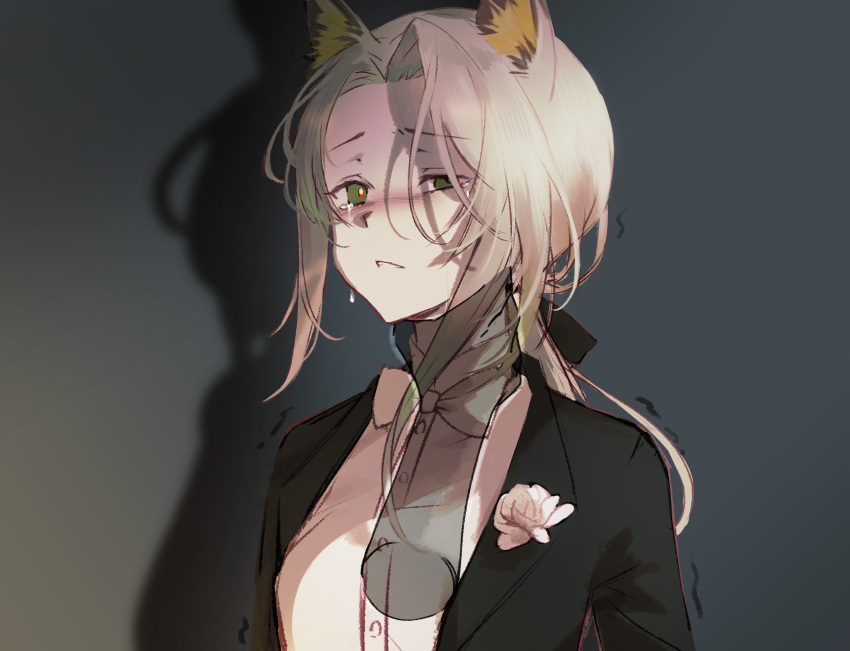 1girl animal_ears arknights bangs black_background black_suit bow bowtie breasts cat_ears commentary_request crying disembodied_limb formal green_eyes hair_bow highres kal'tsit_(arknights) light_green_hair long_sleeves looking_at_viewer medium_hair moonlgnance open_clothes parted_lips ponytail ribbon shadow shirt small_breasts strangling suit tears upper_body white_neckwear white_shirt