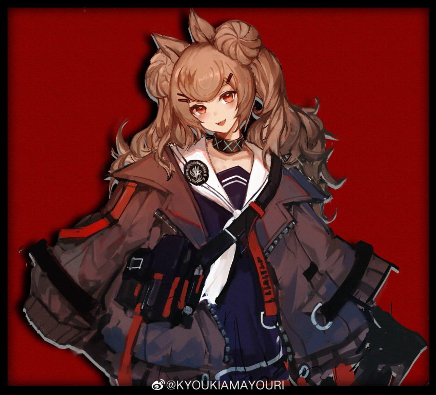 1girl absurdres amayouri angelina_(arknights) animal_ears arknights black_collar blue_dress brown_jacket chinese_commentary collar commentary_request cosplay double_bun dress fox_ears gummy_(arknights) gummy_(arknights)_(cosplay) hair_ornament hairclip highres infection_monitor_(arknights) jacket long_hair looking_at_viewer neckerchief open_clothes open_jacket open_mouth pin red_background red_eyes sailor_collar sailor_dress simple_background solo upper_body white_neckwear white_sailor_collar