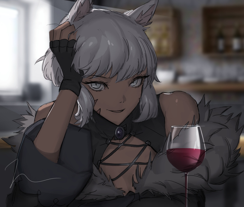 1girl animal_ears black_dress black_gloves blurry blurry_background cat_ears commentary_request cup dark-skinned_female dark_skin dress drinking_glass elbow_rest eyebrows_visible_through_hair final_fantasy final_fantasy_xiv fingerless_gloves gloves grey_eyes hand_on_own_head looking_at_viewer miqo'te norheart parted_lips red_wine short_hair smile solo upper_body wine_glass y'shtola_rhul