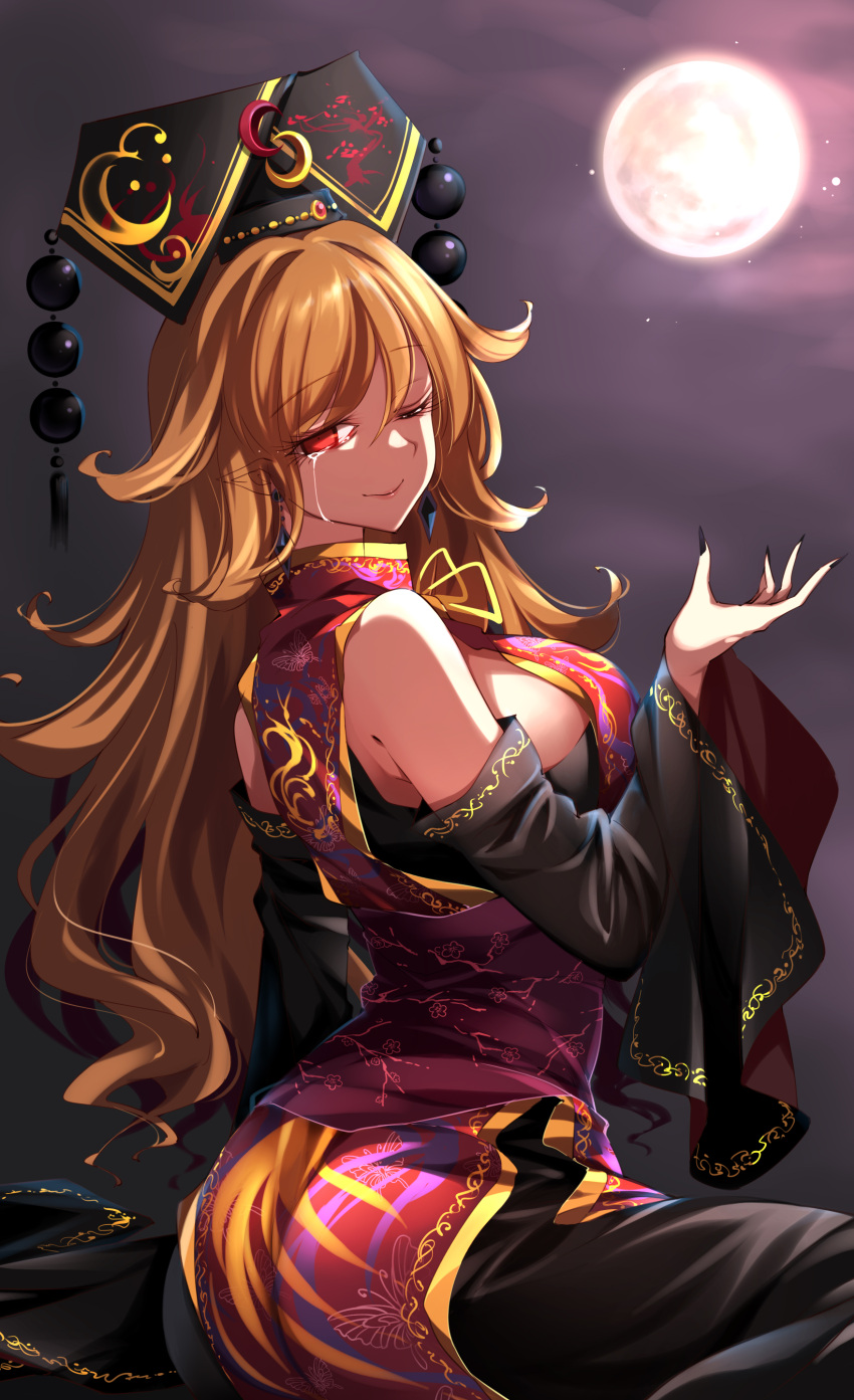 1girl absurdres bangs belt black_dress black_headwear black_nails black_sleeves bow bowtie breasts chinese_clothes closed_mouth clouds cloudy_sky crescent crying detached_sleeves dress earrings eyebrows_visible_through_hair hair_between_eyes hand_up hat highres jewelry junko_(touhou) large_breasts long_hair long_sleeves looking_back looking_to_the_side moon moonlight night night_sky one_eye_closed orange_hair pointy_ears pom_pom_(clothes) purple_belt raptor7 red_eyes red_vest sitting sky smile solo star_(sky) tabard tears touhou vest wide_sleeves yellow_bow yellow_neckwear