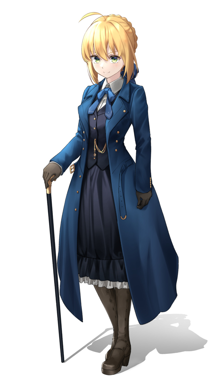 1girl absurdres ahoge artoria_pendragon_(fate) bangs black_gloves blonde_hair blue_neckwear bow braid cane closed_mouth crown_braid dress_shirt fate/stay_night fate_(series) formal full_body gloves green_eyes hair_between_eyes hair_ribbon highres holding holding_cane long_skirt looking_at_viewer pantyhose ribbon saber shirt shoes skirt smile solo suit tailcoat tsurupy waistcoat white_shirt
