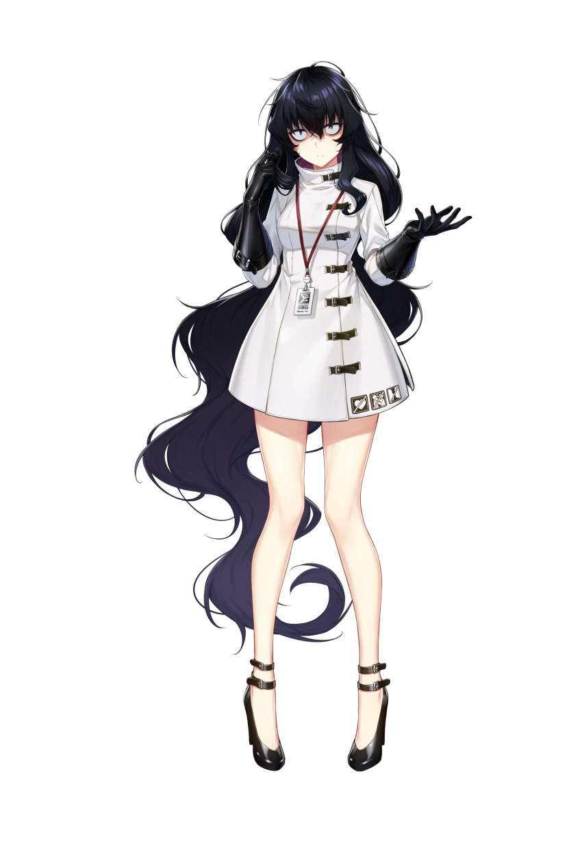 1girl absurdres alpha_transparency black_footwear black_gloves black_hair closed_mouth constricted_pupils counter_side full_body gloves hair_between_eyes hair_twirling highres knees lone_lee long_hair official_art shoes solo very_long_hair violet_eyes