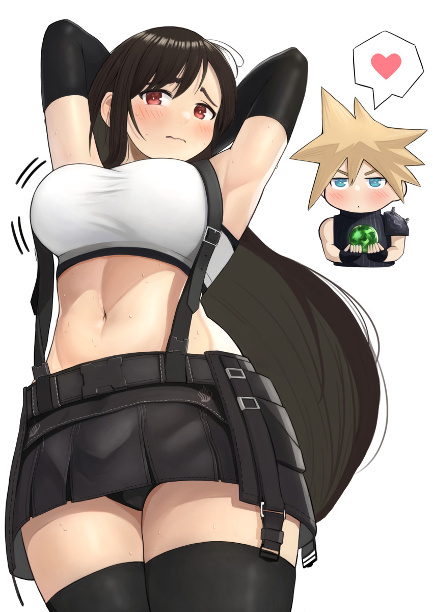 1boy 1girl armpits arms_behind_head arms_up bangs bare_shoulders belt black_belt black_gloves black_legwear black_panties black_shirt black_skirt black_sports_bra blonde_hair blue_eyes blush bouncing_breasts breasts brown_hair closed_mouth cloud_strife commentary cowboy_shot crop_top elbow_gloves embarrassed eyebrows_behind_hair final_fantasy final_fantasy_vii final_fantasy_vii_remake gloves hair_between_eyes heart highres holding kul_(ngsensei) large_breasts long_hair looking_at_viewer materia midriff motion_lines navel panties pantyshot pleated_skirt red_eyes ribbed_shirt shirt sidelocks simple_background skirt sleeveless sleeveless_shirt snap-fit_buckle spiky_hair spoken_heart sports_bra standing suspender_skirt suspenders sweat tank_top taut_clothes taut_shirt thigh-highs tifa_lockhart underwear wavy_mouth white_background white_tank_top zettai_ryouiki