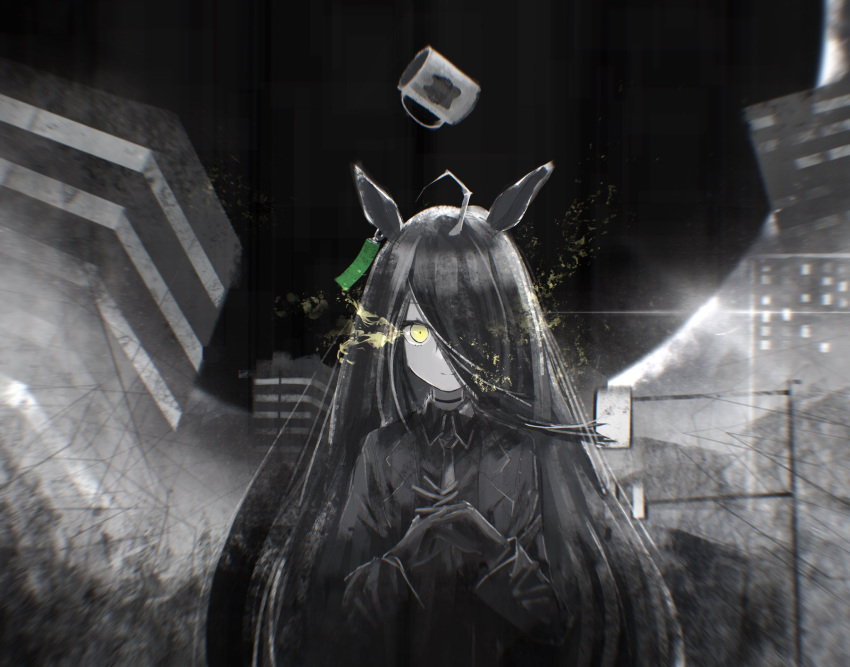 1girl ahoge animal_ears building choker closed_mouth collared_shirt commentary_request cup earrings floating floating_object formal gloves greyscale hair_over_one_eye highres horse_ears interlocked_fingers jacket jewelry light_trail long_hair long_sleeves looking_at_viewer manhattan_cafe_(umamusume) monochrome necktie road_sign shirt sign single_earring smile solo split_mouth spot_color suit umamusume wayang yellow_eyes