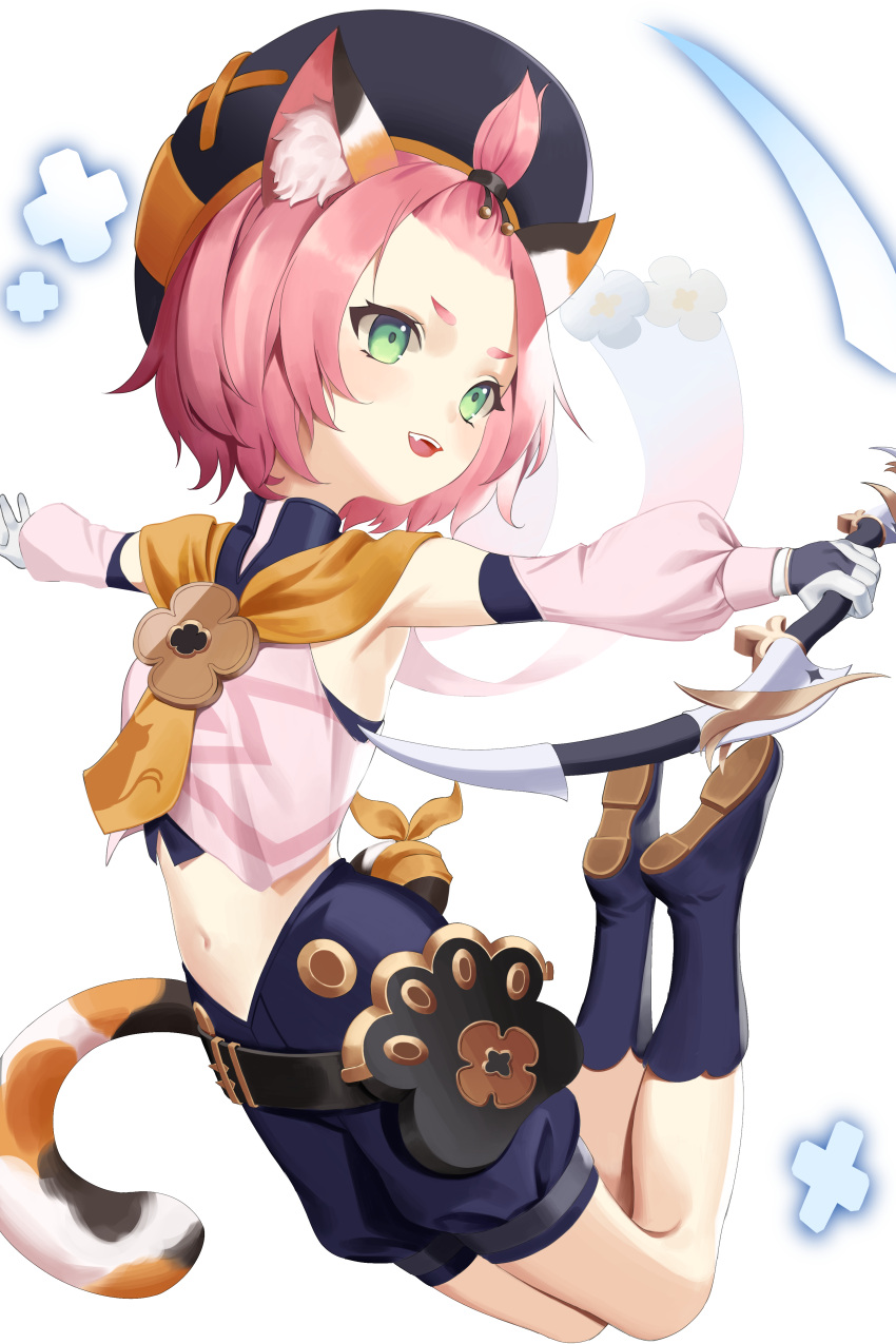 +++ 1girl :d absurdres animal_ears armpits bag bangs_pinned_back belt black_footwear black_shorts boots bow_(weapon) cat_ears cat_girl cat_tail commentary_request detached_sleeves diona_(genshin_impact) fang forehead genshin_impact gloves green_eyes hair_ribbon hat head_tilt highres holding holding_bow_(weapon) holding_weapon jumping knee_boots midriff navel open_mouth paw_print pink_hair puffy_detached_sleeves puffy_shorts puffy_sleeves re-leaf ribbon short_hair shorts sidelocks simple_background smile solo tail thick_eyebrows weapon white_background white_gloves