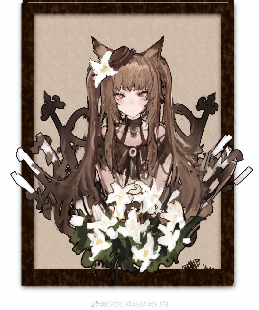 1girl absurdres amayouri angelina_(arknights) animal_ears arknights brown_collar brown_dress brown_eyes brown_hair brown_headwear chinese_commentary collar commentary_request cosplay dress flower fox_ears hair_flower hair_ornament hat highres long_hair looking_at_viewer nightmare_(arknights) nightmare_(arknights)_(cosplay) smile solo twintails upper_body white_flower