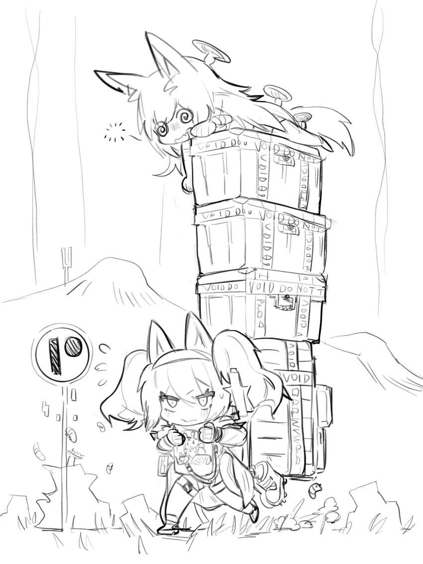 2girls @_@ absurdres angelina_(arknights) animal_ears arknights box carrying ceobe_(arknights) chibi death_stranding dog_ears dog_girl dog_tail full_body greyscale highres hitobashira_(1746164306) long_hair monochrome multiple_girls mushroom parody patreon_logo sign sketch standing tail v-shaped_eyebrows