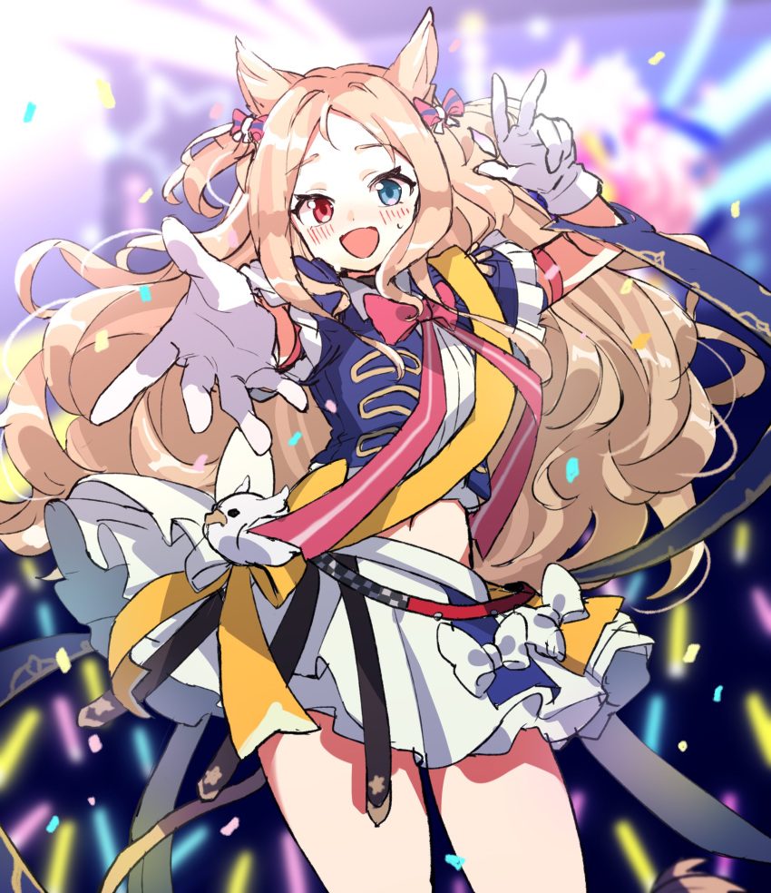 1girl :d absurdres animal_ears archetto_(arknights) archetto_(publicity_strategy)_(arknights) arknights blonde_hair blue_eyes blush bow bowtie bracelet breasts commentary concert confetti cowboy_shot crop_top gloves glowstick hand_up heterochromia highres infection_monitor_(arknights) jewelry long_hair looking_at_viewer medium_breasts midriff navel official_alternate_costume open_mouth outstretched_arm red_bow red_eyes red_neckwear short_sleeves skirt smile solo thighs two_side_up vegetable_osamuta white_bow white_gloves white_skirt