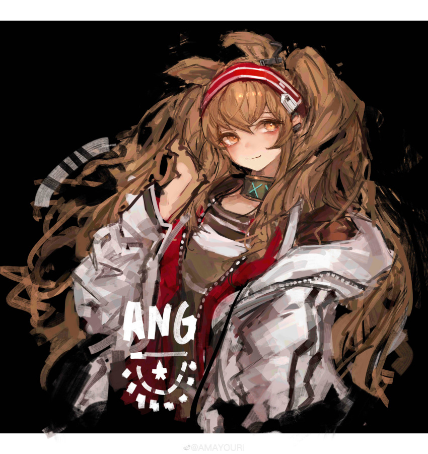 1girl absurdres amayouri angelina_(arknights) animal_ears arknights black_collar black_shirt brown_eyes collar commentary cropped_torso earpiece fox_ears hairband hand_up highres infection_monitor_(arknights) jacket letterboxed long_hair looking_at_viewer open_clothes open_jacket red_hairband shirt simple_background sketch smile solo striped striped_hairband symbol-only_commentary twintails upper_body white_background white_jacket