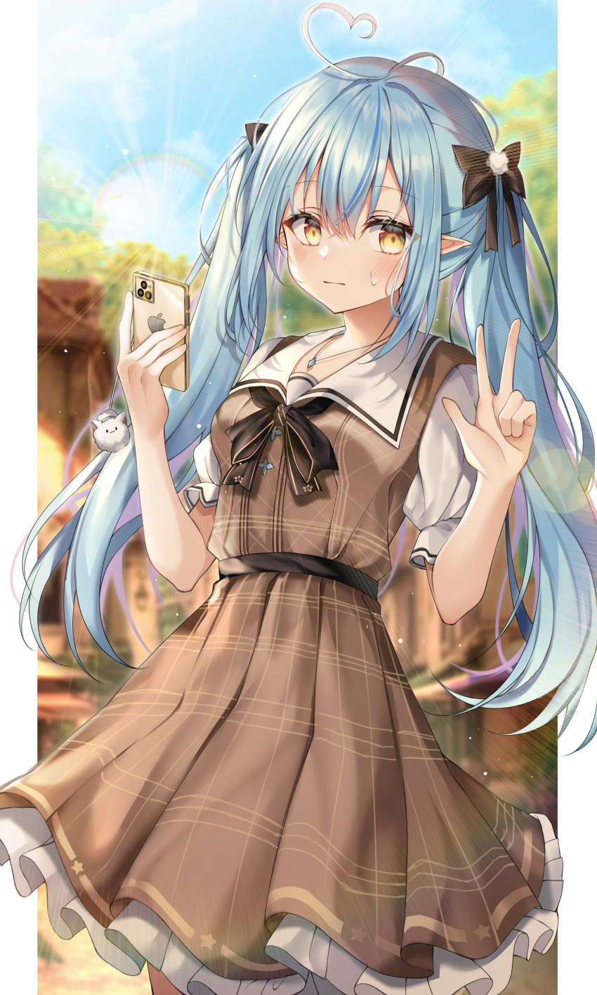 1girl absurdres ahoge bangs black_bow blue_hair blue_sky blurry blurry_background blush bow breasts brown_dress cellphone closed_mouth commentary day dress duyu eyebrows_visible_through_hair hair_between_eyes hair_bow heart_ahoge highres holding holding_phone hololive iphone light_particles long_hair looking_at_viewer multicolored_hair official_alternate_costume outdoors phone pillarboxed plaid plaid_dress short_sleeves sky smartphone solo streaked_hair sweatdrop twintails v virtual_youtuber yellow_eyes yukihana_lamy yukimin_(yukihana_lamy)