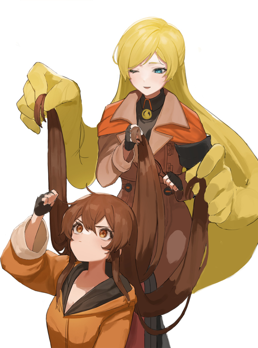 2girls bangs black_gloves blonde_hair blue_eyes brown_coat brown_eyes brown_hair coat fingerless_gloves flasso gloves guilty_gear guilty_gear_strive hair_between_eyes hair_brush highres holding holding_hair jacket long_hair long_sleeves may_(guilty_gear) millia_rage multiple_girls one_eye_closed open_mouth orange_jacket smile very_long_hair white_background