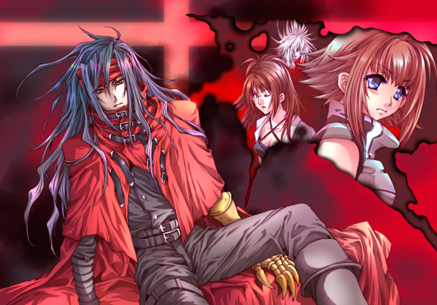 black_hair blue_eyes cloak dirge_of_cerberus_final_fantasy_vii final_fantasy final_fantasy_vii gauntlets glasses headband long_hair looking_at_viewer messy_hair one_eye_closed red_eyes shalua_rui shelke_rui shelke_the_transparent shuri_yasuyuki vincent_valentine weiss_the_immaculate