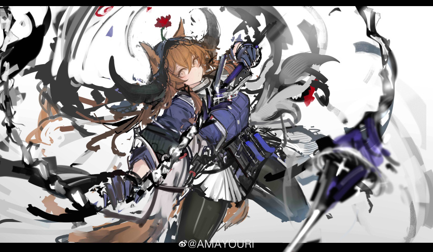 1girl absurdres amayouri angelina_(arknights) animal_ears arknights bangs black_legwear brown_eyes brown_hair closed_mouth cosplay cow_horns ears_through_headwear flail flower fox_ears fox_girl fox_tail gloves highres holding holding_weapon horns leg_up letterboxed long_hair long_sleeves looking_at_viewer miniskirt pallas_(arknights) pallas_(arknights)_(cosplay) pantyhose purple_gloves red_flower red_rose rose simple_background sketch skirt solo standing standing_on_one_leg tail weapon weibo_username white_background white_skirt