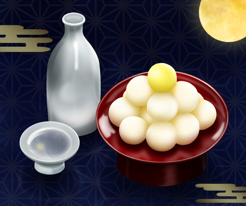 absurdres alcohol asa_no_ha_(pattern) commentary_request cup dango food food_focus highres laia_alkaloid moon no_humans original patterned_background sakazuki sake still_life sweets tokkuri tsukimi wagashi